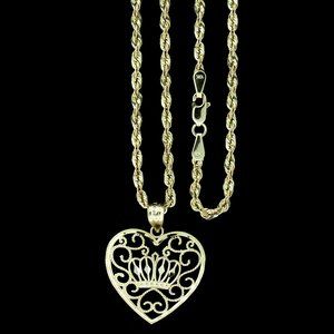 10K Real Gold Rope Chain and Heart With Crown Pendant Set